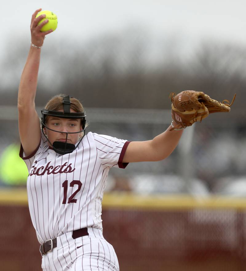 Richmond-Burton's Chase Cooper throws a pitch during a Kishwaukee River Conference softball game against Harvard on Thursday, April 9, 2026, at Richmond-Burton High School.