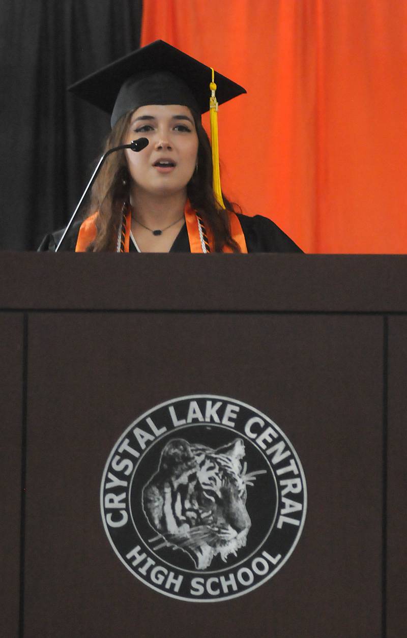 Isabella Evans welcomes the crowd Saturday, May 14, 2022, during the graduation ceremony at Crystal Lake Central High School.