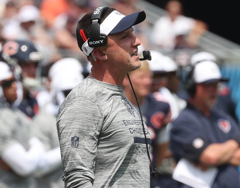 Chicago Bears defensive coordinator Dennis Allen watches his defense make a goalline stand Sunday, Aug. 10, 2025, during their preseason game against the Miami Dolphins at Soldier Field in Chicago.