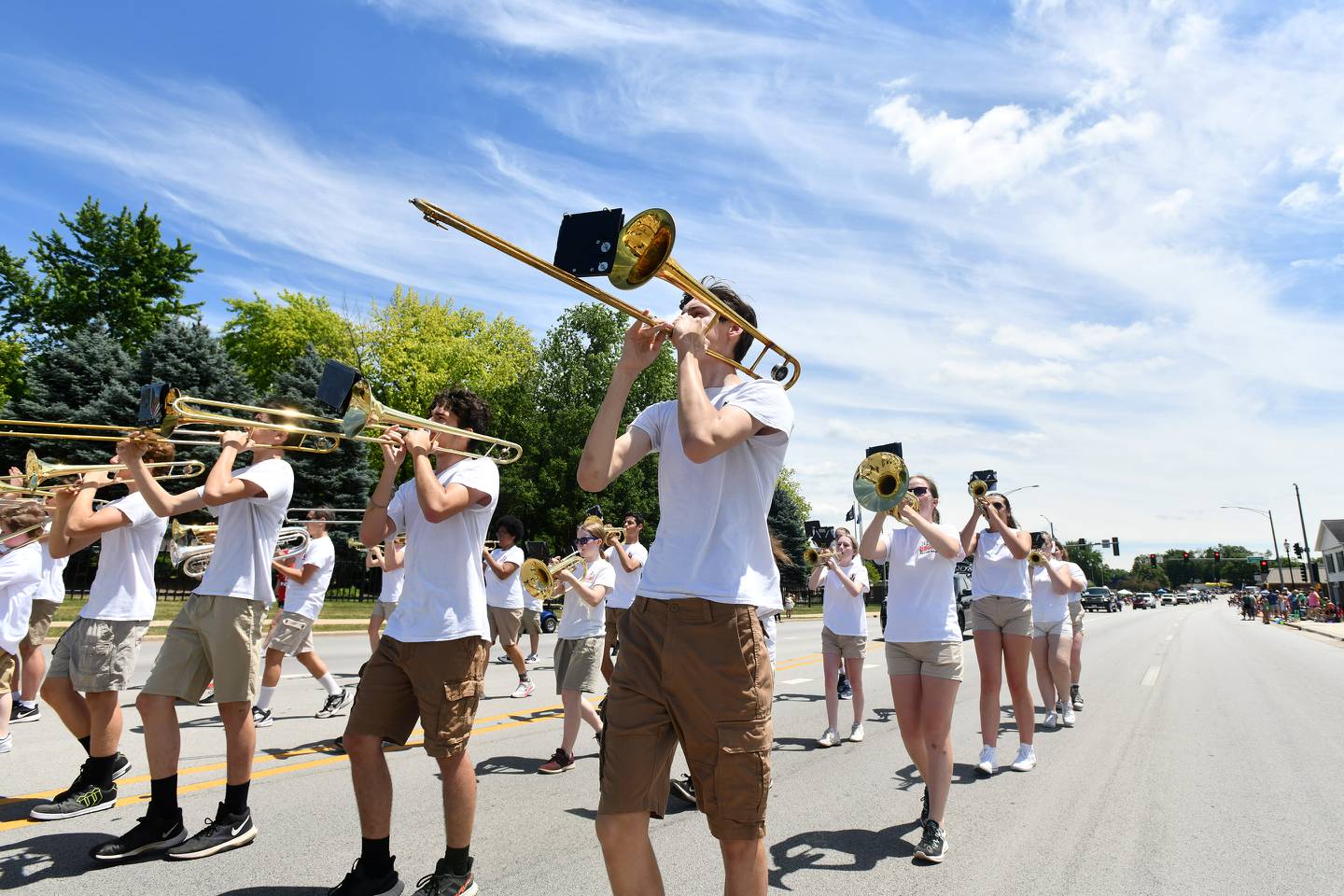 Members of the Bradley-Bourbonnais Community High School marching band perform during the Bourbonnais Friendship Festival's Grand Parade on Sunday in 2022.