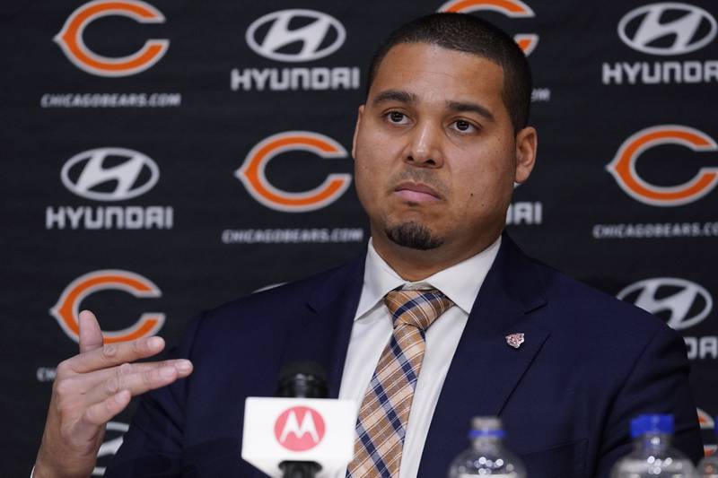 Chicago Bears general manager Ryan Poles speaks during a news conference, Monday, Jan. 31, 2022, at Halas Hall in Lake Forest.