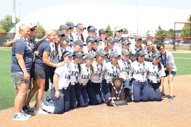 Lemont pose with championship trophy after their 1-0 against Antioch in the Class 3A state championship game on Saturday, June 10, 2023 in Peoria