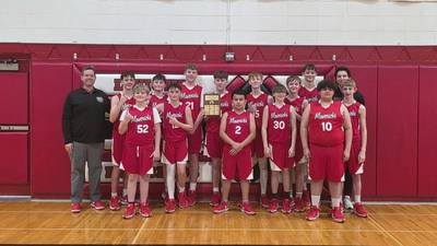 The Mazon-Verona-Kinsman Middle School 8th-grade boys basketball team wins the IVC West conference tournament