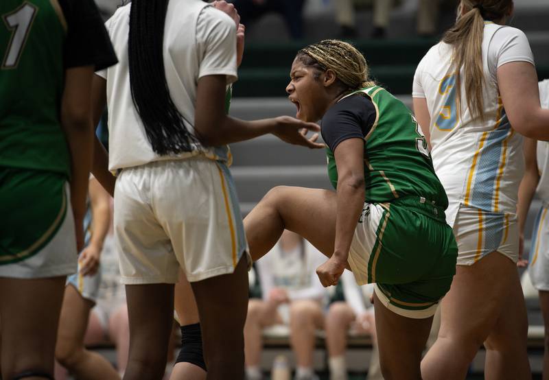 Bishop McNamara's Eliana Isom, center, reacts after being fouled during the Class 2A Regional Championship against Joliet Catholic on Thursday, Feb. 19, 2026.