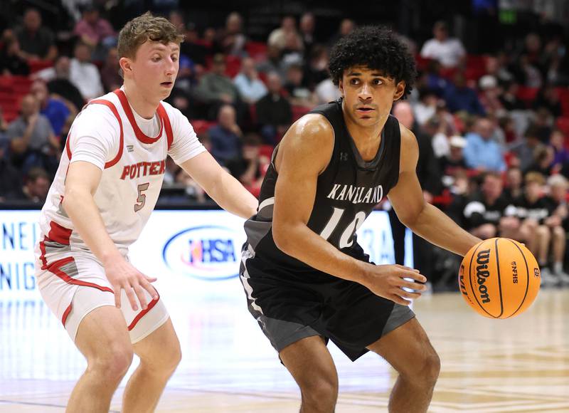 Kaneland's Jalen Carter works against Morton's Alex McKie Monday, March 9, 2026, during their IHSA Class 3A supersectional matchup in the Convocation Center at Northern Illinois University in DeKalb.