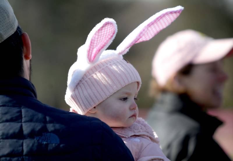 Molly MacDonald, 14 months, of Wheaton waits for an egg hunt hosted by the Glen Ellyn Park District at Maryknoll Park on Friday, April 7, 2023.