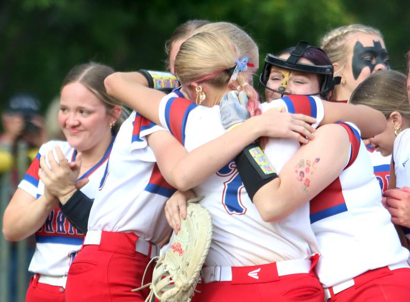 Morrison’s Fillies celebrate a 6-1 win over Marengo in IHSA Class 2A Sectional Semifinal softball action at Marian Central High School in Woodstock on Thursday, May 29, 2025.