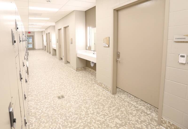 A view of the family locker rooms inside the new YMCA on Monday, May 6, 2024 in Ottawa. The facility has six family locker rooms for families to change before entering the pool area.