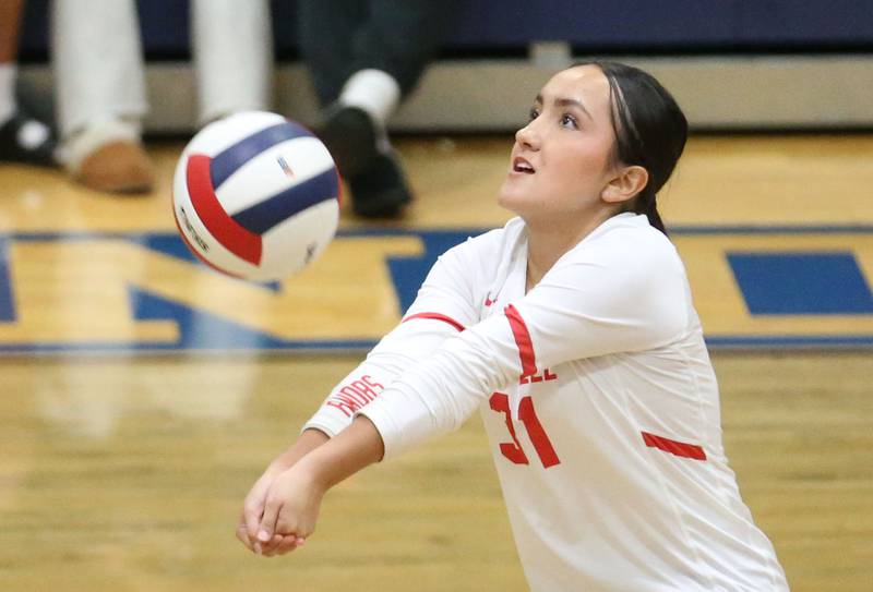 Earlville's libero Elizabth Vazquez returns a serve from Leland during the Class 1A Regional semifinals on Monday, Oct. 27, 2025 at Somonauk High School.