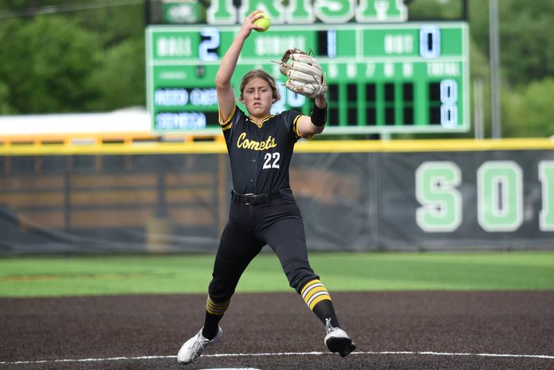 Reed-Custer's Sophia Moyers throws a pitch during the Class 2A Seneca Regional semifinals Tuesday, May 19, 2026.