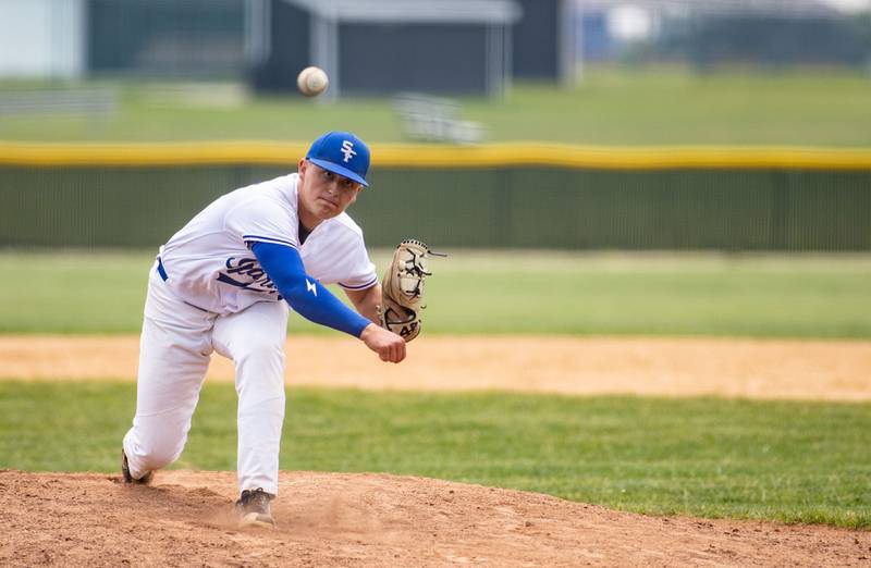 St. Francis pitcher Peter Solloway pitches against Benet Academy during the Class 3A Kaneland Sectional final at Kaneland High School in Maple Park on Saturday, June 7, 2025.