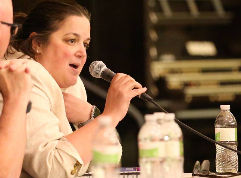 Lyndsay Bliss vice president of human resources speaks during the Carus town hall meeting on Wednesday, May 10, 2023 in Matthiessen Auditorium at LaSalle-Peru Township High School.