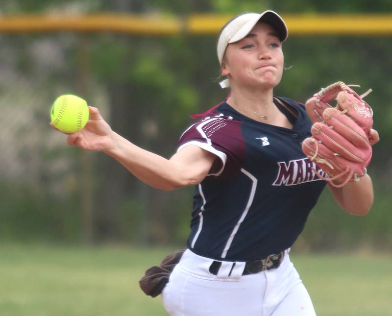Marengo’s Gabby Christopher rifles a throw to first base against Aurora Central Catholic in varsity girls softball IHSA Class 2A Regional Title Game action on Friday, May 22, 2026 at Raymond Benoy Field on the campus of Marian Central High School in Woodstock.