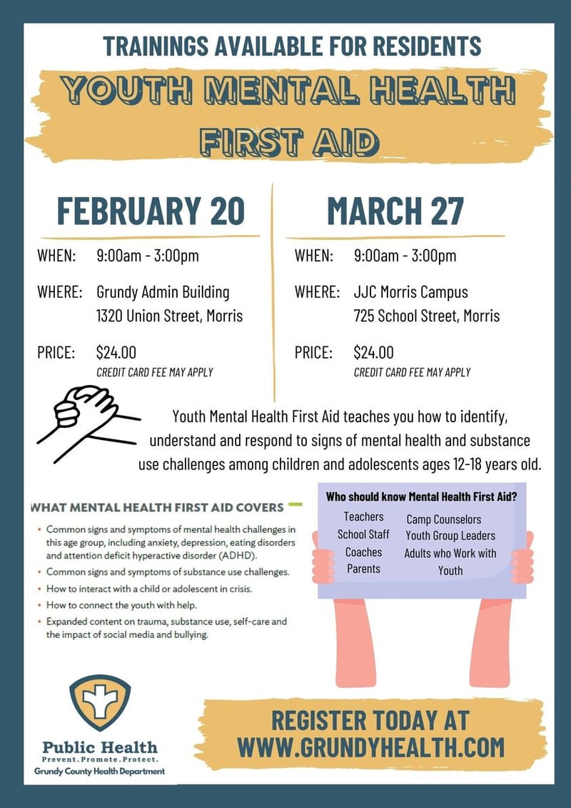 The flyer for the Grundy County Health Department's Youth Mental Health First Aid event.