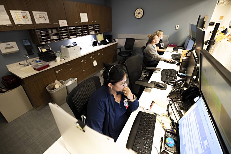 Nurses work in the nurses station at the CGH Ready Care Clinic Monday, Nov. 6, 2023. The clinic now has x-ray and lab services on site along with prescription medications.