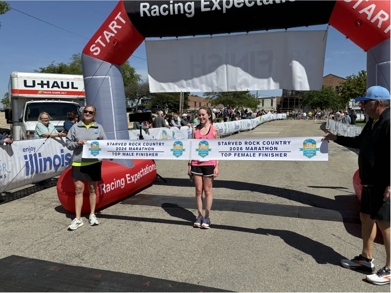 Sydney Watkins finishing the Starved Rock Country full marathon on Saturday, May 9, 2026. Watkins, a Bolingbrook resident, finished with a time of 3:16.54, best in her category and second overall.