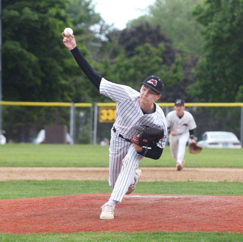 Fulton's Chase Dykstra pitches against Rockford Lutheran at the 1A Lena-Winslow Sectional on Wednesday, May 28, 2025. The Steamers won the game 4-1 to advance to Saturday's sectional final.