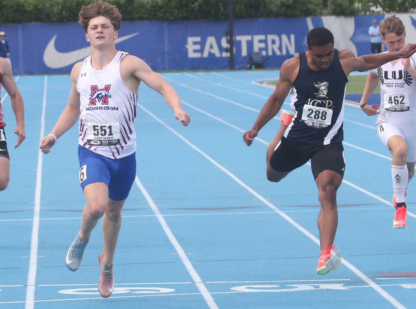 Morrison's Levi Milder and IC Catholic's Evan Smith  compete's in the 200 meter dash during the IHSA Class 3A Boys Track & Field State Finals on Saturday, May 31, 2025 at Eastern Illinois University in Charleston.