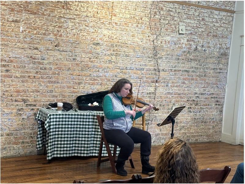 Live Irish fiddle music played by Irish-trained Sarah Arter at the I&M Canal Visitor Center before the La Salle St. Patrick's Parade.