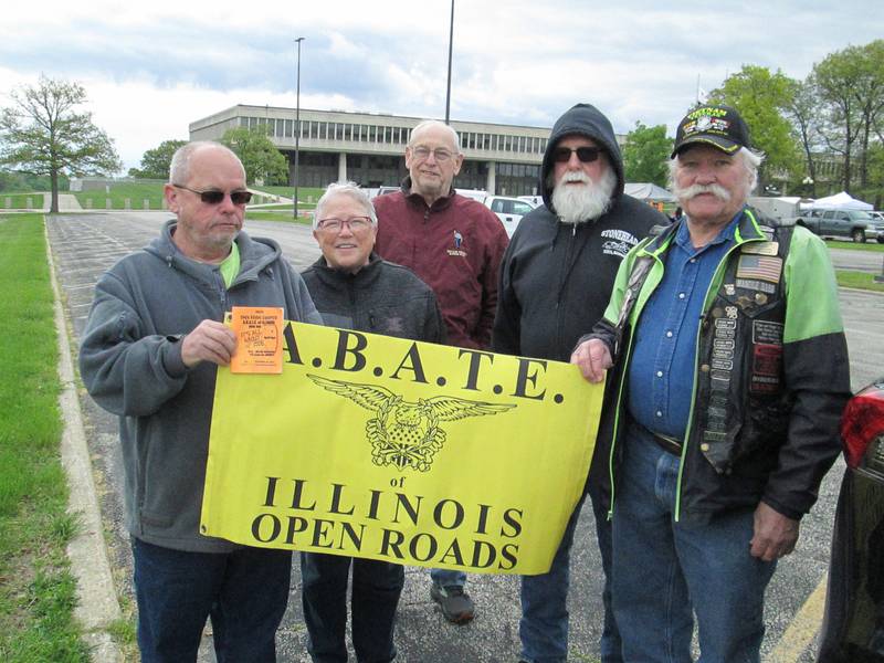 Open Roads ABATE members Frank Lorang, Joanie Beierlotzer, Frank Beierlotzer, Fred Chaffer, and Cliff Oleson gathered at the or a motorcycle awareness rally May 4 at the Illinois Department of Transportation.