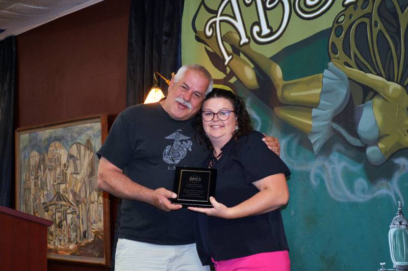 Polo Chamber of Commerce 2024 Citizen of the Year Kendall Kyker (left) poses for a photo with Chamber Board Director Becky Davis on Wednesday, Sept. 25, 2024, in The Polo Room during the Chamber's 57th annual awards dinner.