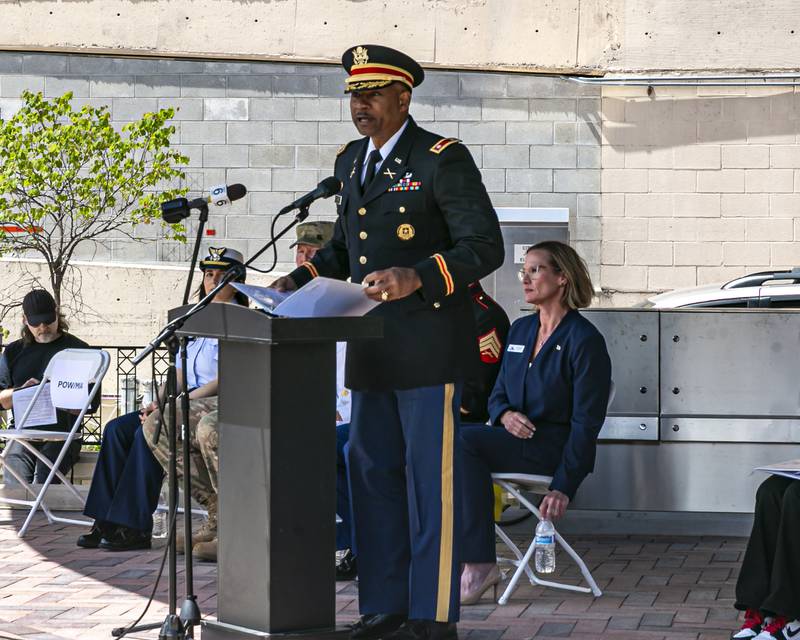 Lieutenant Colonel (Ret.) Dr. Benjamin White delivers the keynote speech during the Memorial Day Commemoration at Joliet City Square.  May 20, 2026 in Joliet.
