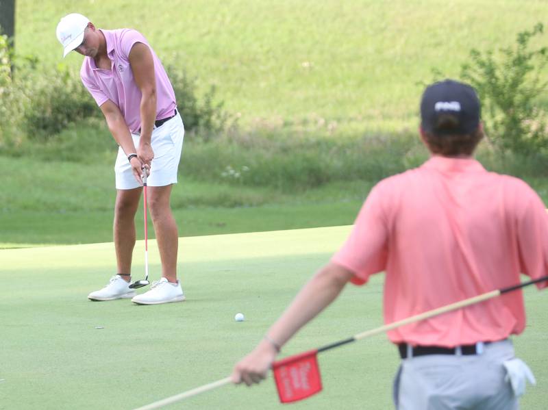 Colton Novotny puts during the Illinois Valley Mens Golf Championship Tournament on Sunday, July 27, 2025 at Spring Creek Golf Course in Spring Valley.