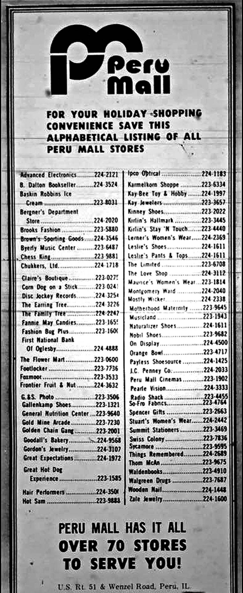 A Peru Mall directory from the 1970's of stores that occupied the mall.