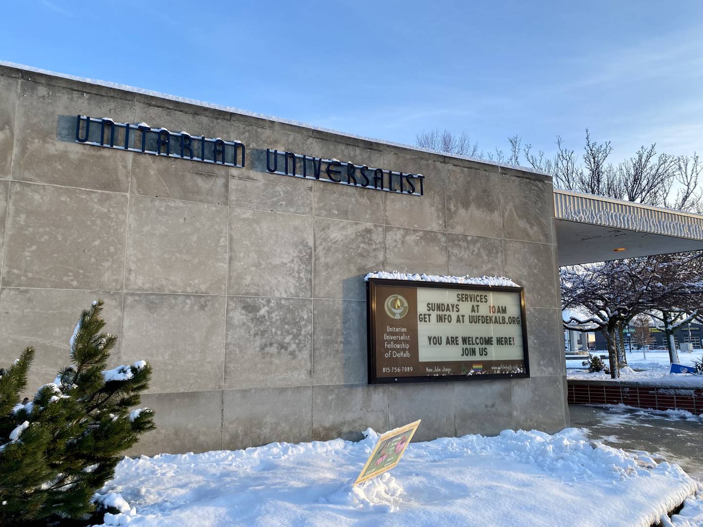 The Unitarian Universalist Congregation of DeKalb, 158 N. Fourth St., blocks from downtown DeKalb, shown here on Thursday, Jan. 11, 2024. The church is offering a daily and free overnight warming center for all in need, open from 8:30 p.m. to 8:30 a.m. daily, or until temperatures are above freezing.