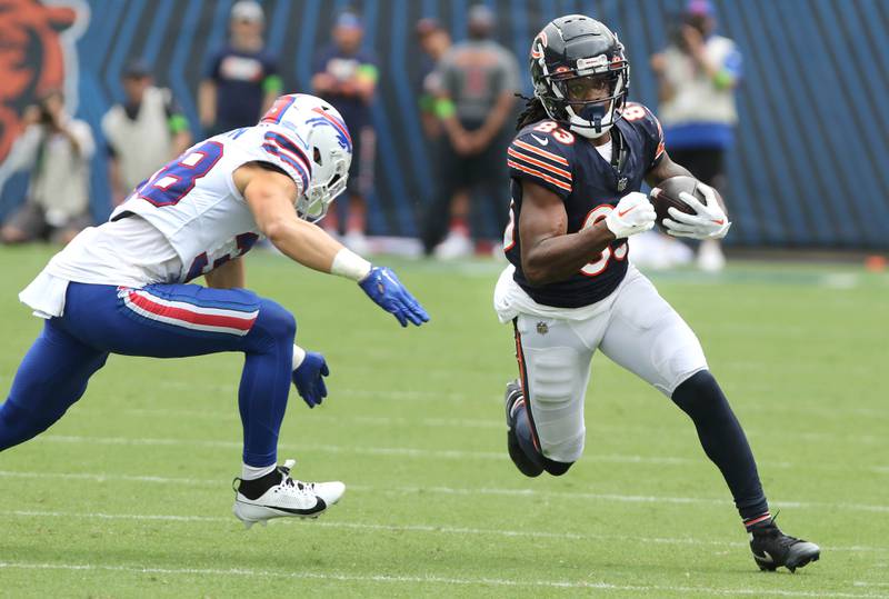 Chicago Bears wide receiver Nsimba Webster tries to get outside of Buffalo Bills safety Zayne Anderson during their game Saturday, Aug. 26, 2023, at Soldier Field in Chicago.