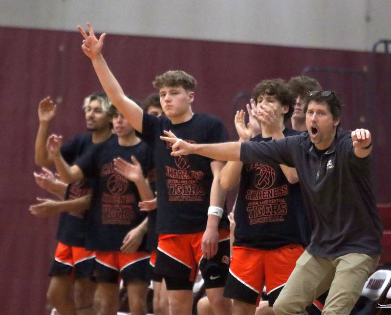 Crystal Lake Central’s Tigers roar early against Richmond-Burton in varsity boys basketball E.C. Nichols tournament championship game action on Saturday, Dec. 27, 2025, at Homer “Bill” Barry Gymnasium on the campus of Marengo High School in Marengo.
