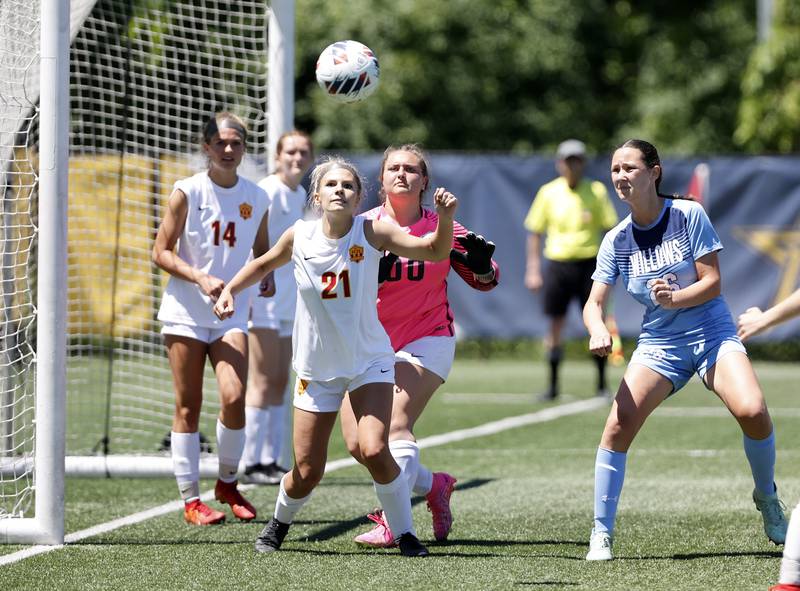 Richmond-Burton's Blake Frericks (21) saves a corner kick during the Class 1A Dominican super-sectional between Willows Academy and Richmond-Burton HS in River Forest on Saturday, May 25, 2024.
