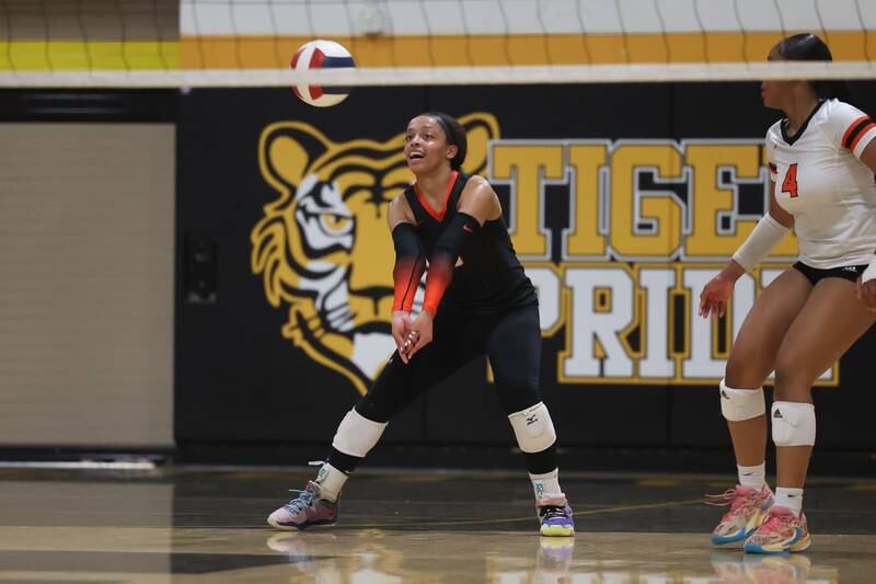 Minooka’s Kennedi Brass receives the serve against Joliet West on Tuesday, Sept. 26, 2023 in Joliet.