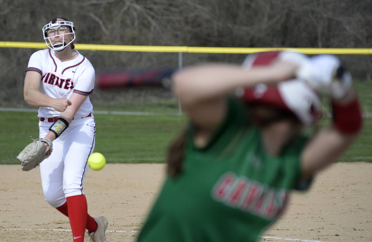 Pirates pitcher McKenzie Oslanzi sends an offering toward a La Salle-Peru batter Monday, April 11, 2022, at Ottawa's King Field.