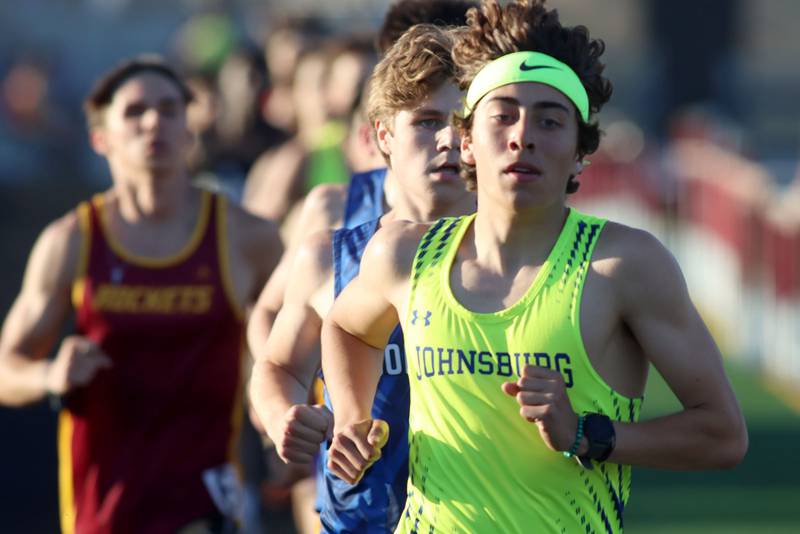 Johnsburg’s Grady Smith races to an early lead in the 1600-meter run in KRC Conference Track Meet action at Richmond-Burton High School in Richmond on Tuesday, May 13, 2025.