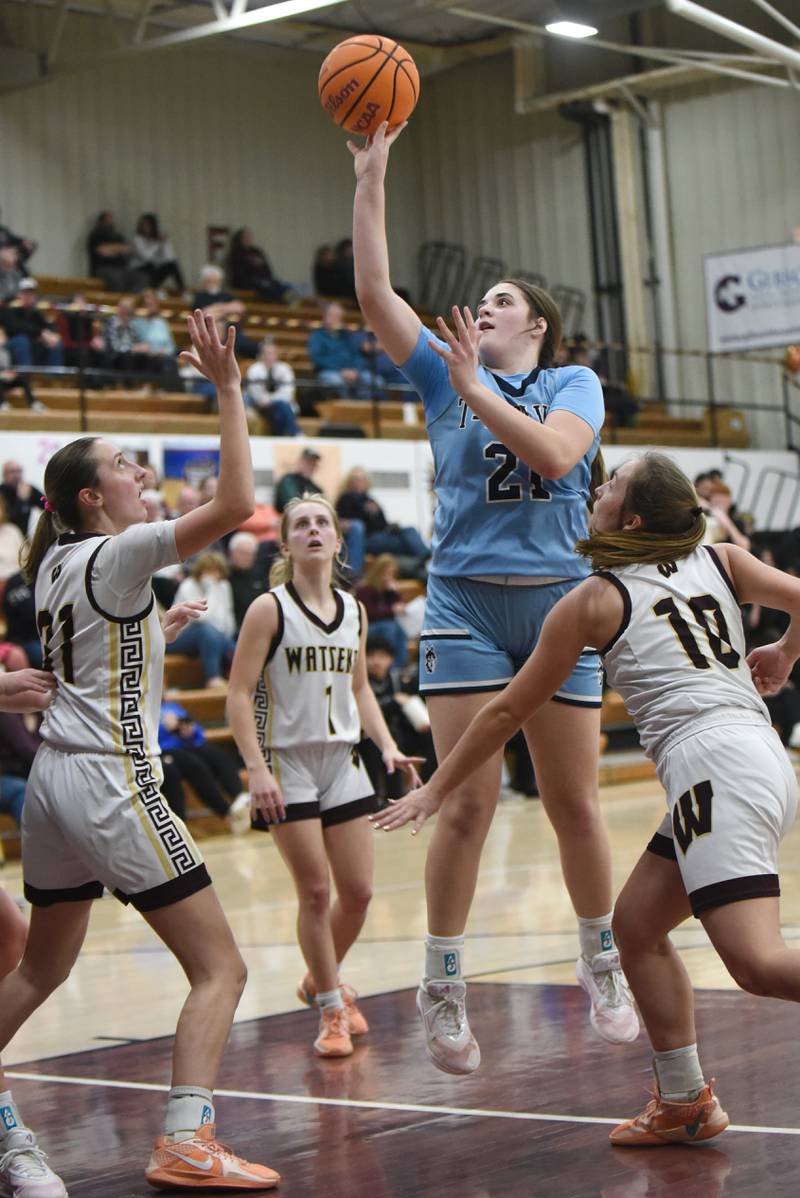 Cissna Park's Lauryn Hamrick takes a shot between a trio of Watseka/Milford defenders during a game at Watseka Monday, Feb. 9, 2026.