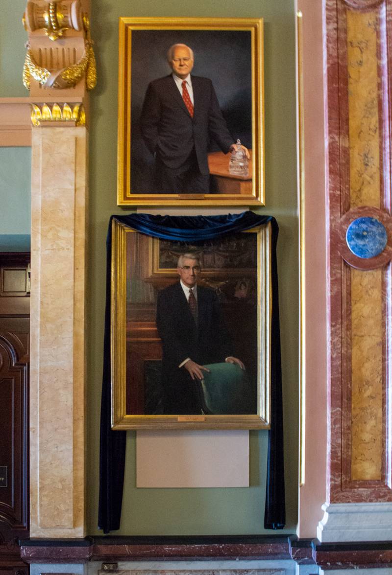 Former Gov. Jim Edgar’s portrait in the Capitol’s Hall of Governor’s is draped in black for his memorial service.