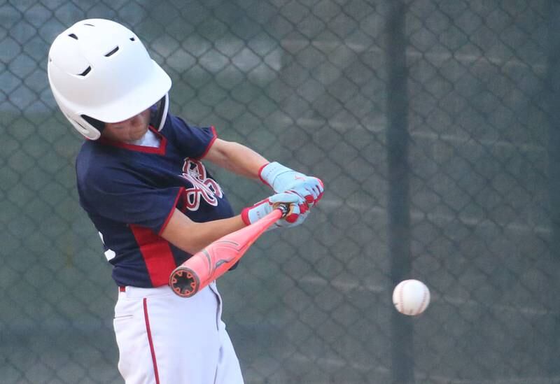 Streator All Stars Bradley Matsko smacks a base hit against Ottawa American during the District 20 championship game on Sunday, July 14, 2024 at Washington Park in Peru.