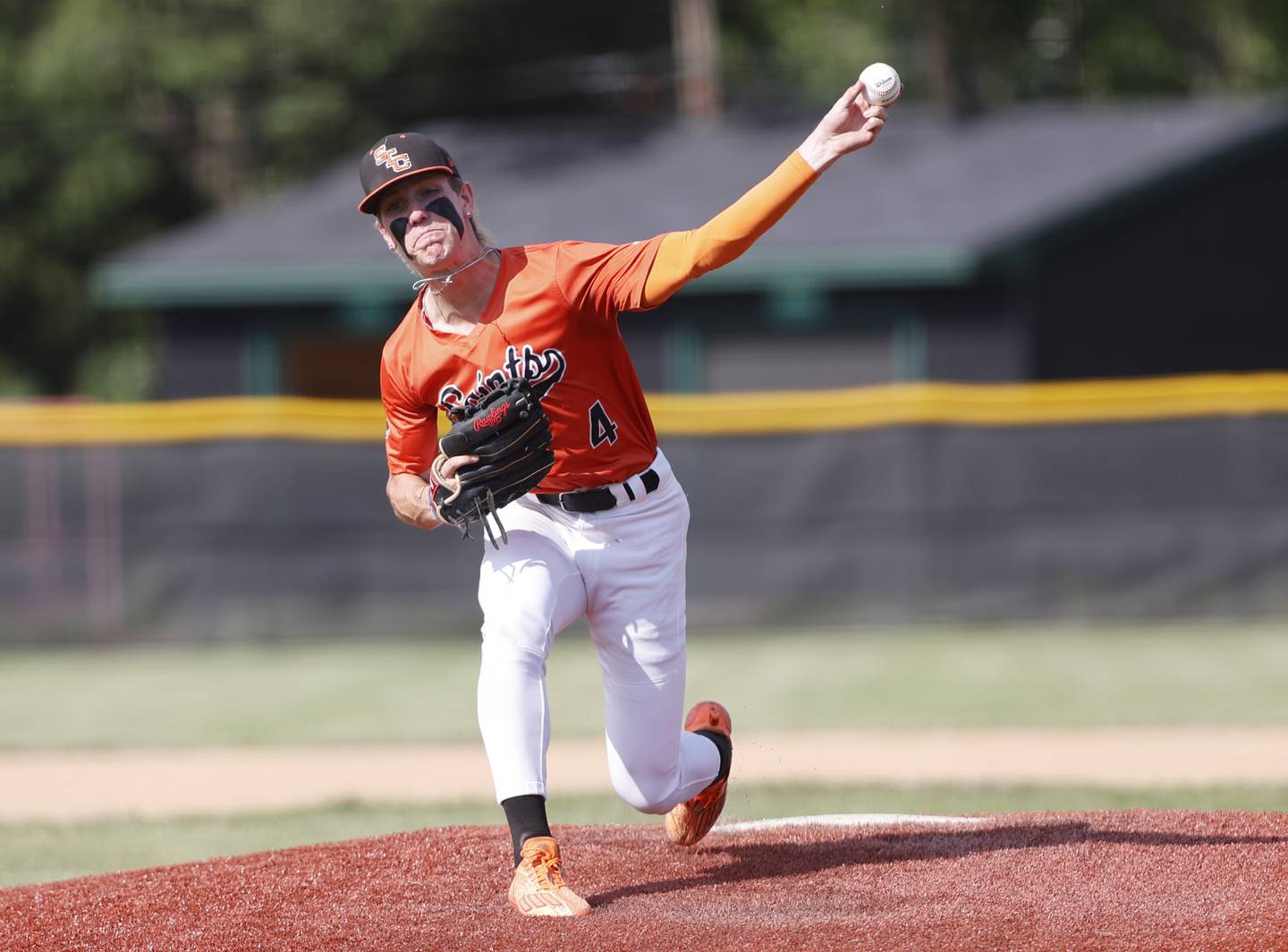 St. Charles East's Joey Arend (4) pitches during the Class 4A York regional semi-final between Wheaton Warrenville South and St. Charles East in Elmhurst on Thursday, May 23, 2024.