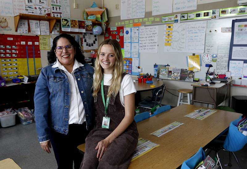 Dual language teachers Lillian Hayes and Elle Creighton on Tuesday, April 22, 2025, at Dean Street Elementary School in Woodstock. Hayes has been teaching dual language classes in District 200 for 20 years.  Creighton was a student in Hayes' first class of dual language students.