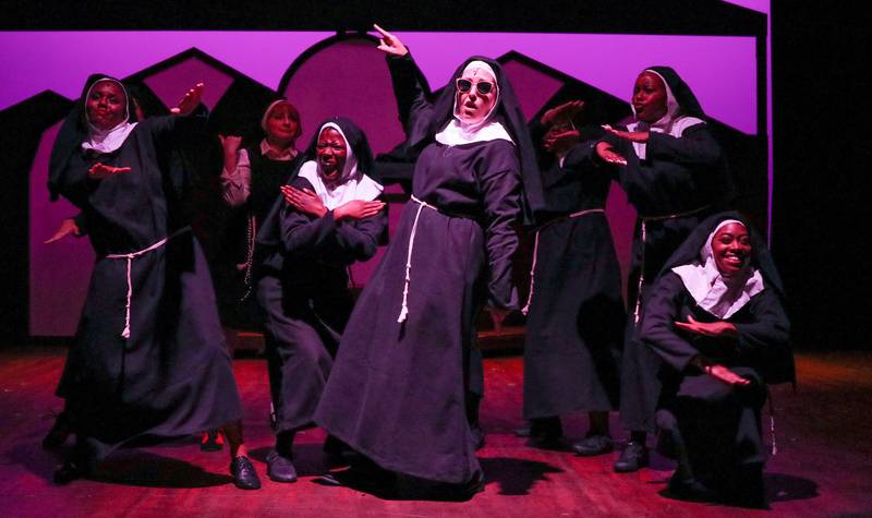 Natalie “Nat” Renee Savoy (Deloris Van Cartier), Justine Cameron (Sister Mary Robert), Natalie Henry (Sister Mary Patrick), Michelle Tibble (Sister Mary Lazarus), Tuesdai B. Perry (Nun), Amber Parker (Nun), Ania Martin (Nun) in "Sister Act" at Metropolis Performing Arts Centre.