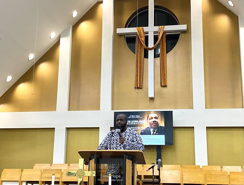 The Rev. Joe Mitchell, senior pastor at New Hope Missionary Baptist Church, 1201 Twombly Road, DeKalb, welcomes the crowd to start the annual Martin Luther King, Jr. Celebration event on Monday, Jan. 20, 2025. The event was hosted by MLK Day by multiple area churches.