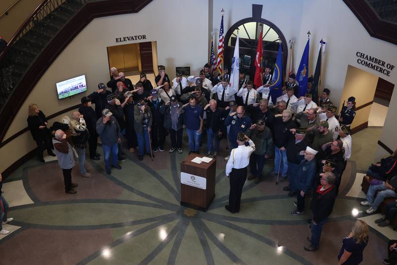 The New Lenox Air Force Junior ROTC present the colors at the Veterans Day event at the New Lenox Village Hall on Monday, Nov. 11, 2024.