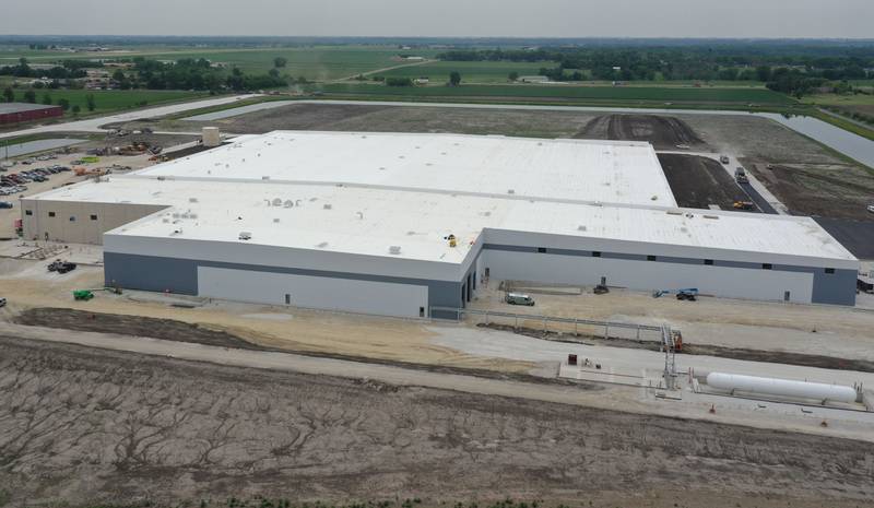 Workers have enclosed the exterior of the GAF manufacturing facility on Monday, June 5, 2023 north of Peru. The plant is located just to the west of Double D Warehouse off of Plank Road. The $80 million, 450,000 square foot facility will employ more than 70 workers. The factory will manufacture polyiso insulation and a new composite polyiso insulation board.