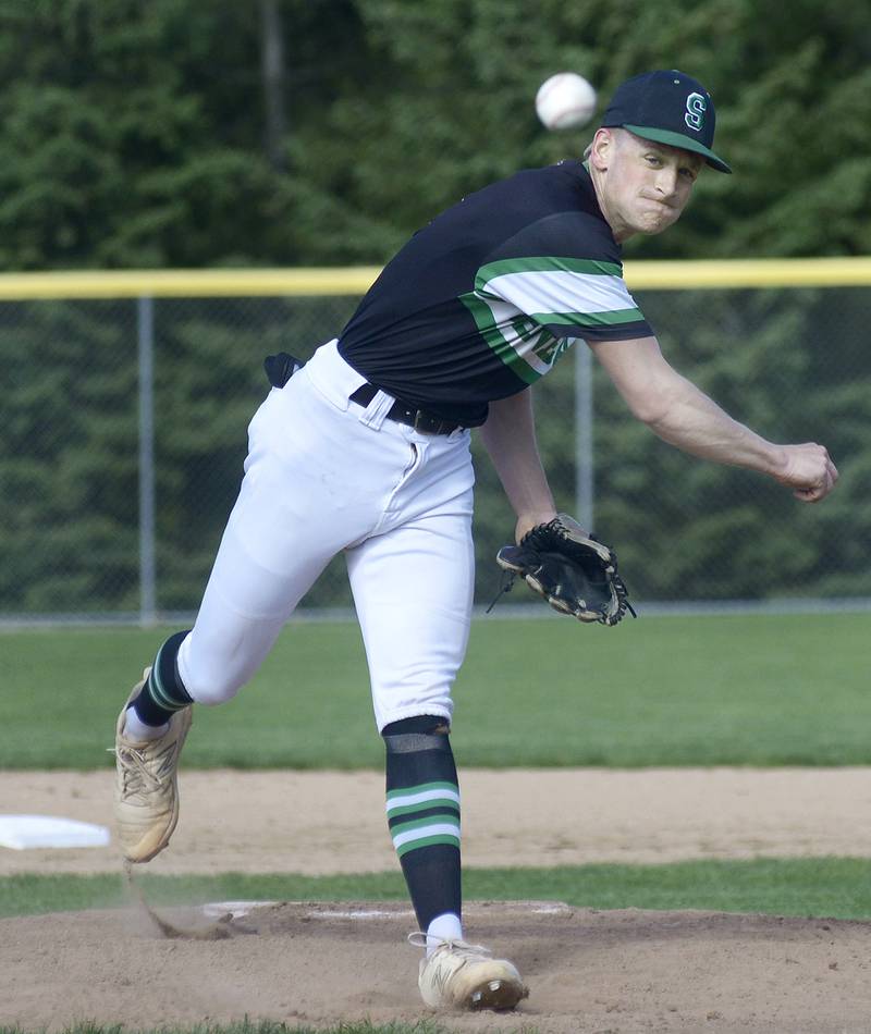 Seneca pitcher Austin Aldridge delivers a pitch against Marquette Tuesday at Masinelli Field in Ottawa.