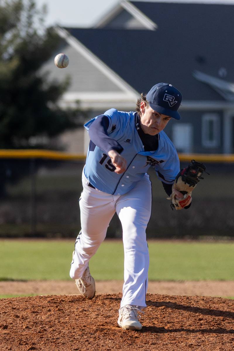Logan Philhower (19) of Bureau Valley pitches on Tuesday, April 8, 2025 at Putnam County High School in Granville.