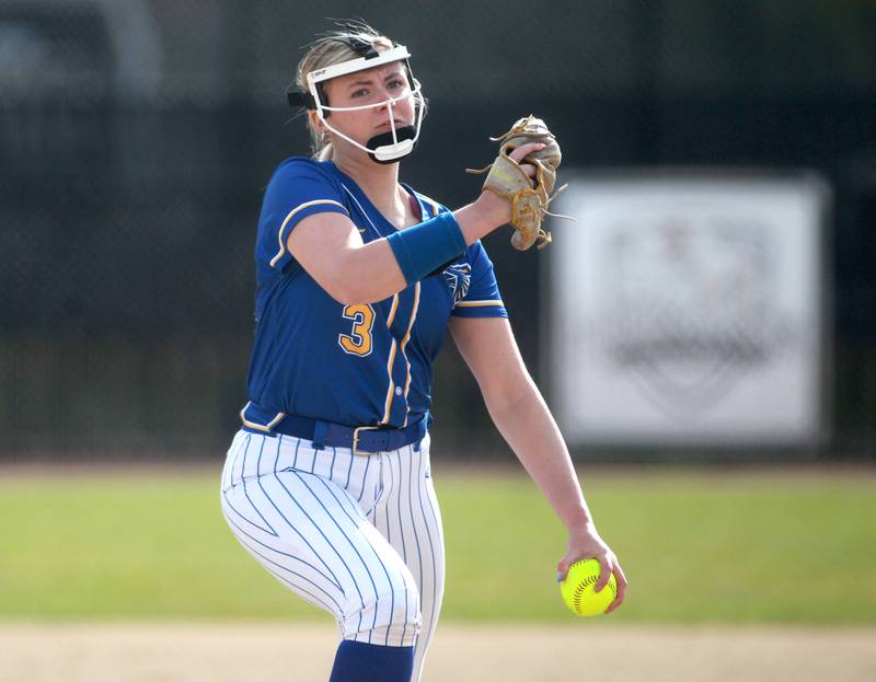 Wheaton North's Hannah Wulf pitches during a game against St. Charles North on Tuesday, April 15, 2025 in St. Charles.