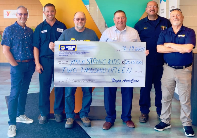 (Left to right); Bockman’s AutoCare Center and Bockman’s Truck and Fleet owner Jon Bockman; 3-D Auto Repair owner Dan Doty; Barb City Automotive owner John Volkert; Kishwaukee Family YMCA CEO Brian Bickner; Archer Alignment owner Jacob Schneider; and NAPA AutoCare of DeKalb County member George Laidlaw