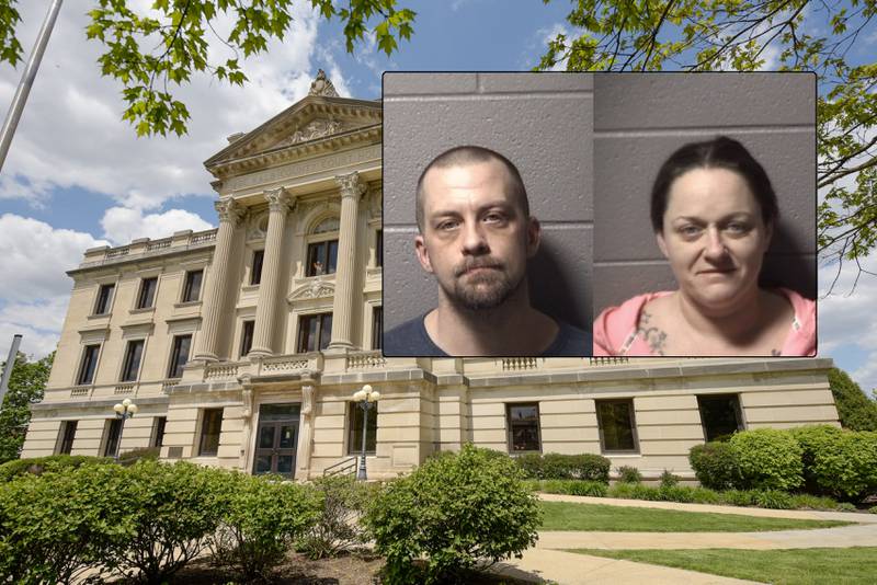 A Kingston man facing charges after police say he attacked a man with a gun and baseball bat is now, along with his wife, under investigation by the state’s child protective services for child neglect. Joseph (left) and Charla (right) Sebright are also facing a DCFS investigation after police responding to the battery call i January 2022 discovered conditions inside their home which warranted a child neglect case investigation. The Sebrights are accused of evading police for two months. (Photos of Sebrights provided by DeKalb County Jail, DeKalb County Courthouse photo by Mark Black for Shaw Local)