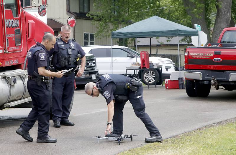 McHenry County Sheriff deputies launch a drown as authorities look for the cause of a home explosion on Monday, May 18, 2026, in 7400 block of Birch Drive, in Wonder Lake, after the Sunday evening explosion. One resident of a home was killed and two others have been taken to the hospital.